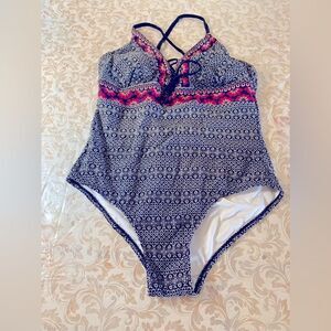 Kona Sol Swimsuit Gray Red Floral Padded Open Back Sz Large Gorgeous